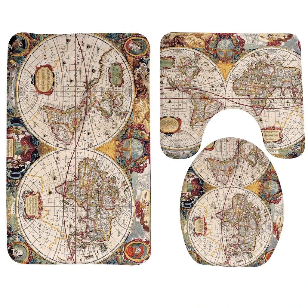 

3pcs Bathroom Mat Set Map Old World Map Cartography Geography Pattern Bath Mat Anti Slip Bathroom Rug and Toilet Mat Sets