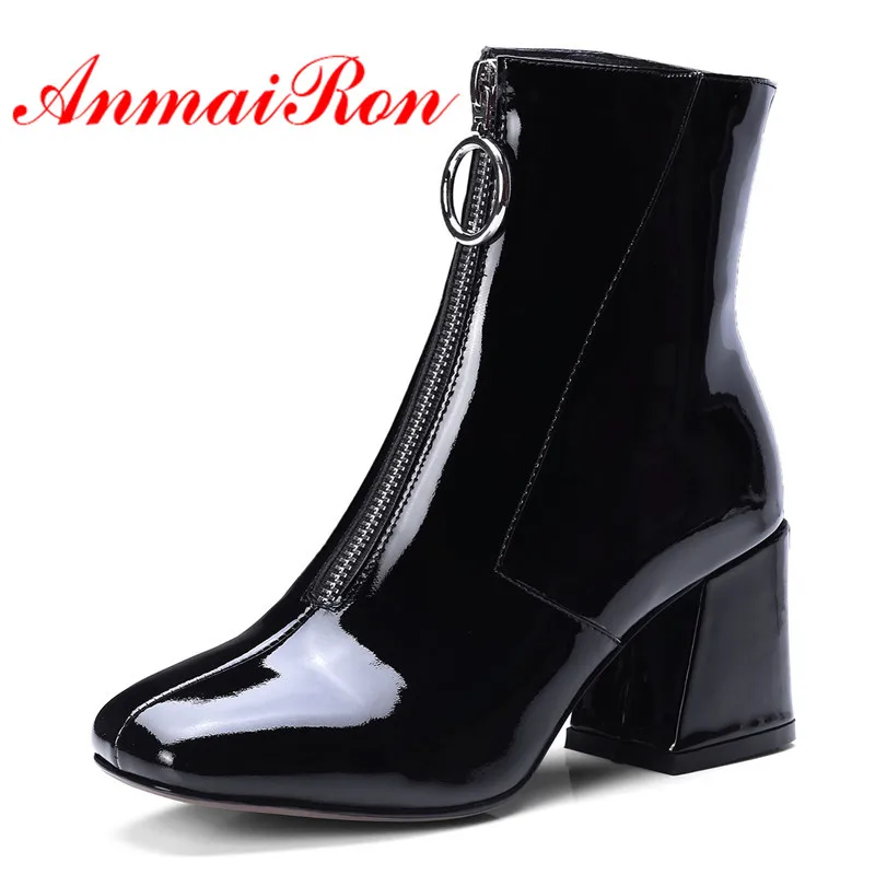 

ANMAIRON Leather Women Ankle Boots For Women Shoes New Square Toe High Boots Black Beige Martin Boots Zipper Thick heels CR670