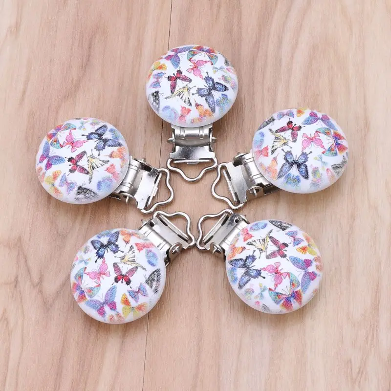

5Pcs Metal Wooden Baby Pacifier Clips Holders Cute Infant Soother Clasps Holders Accessories DIY Tool