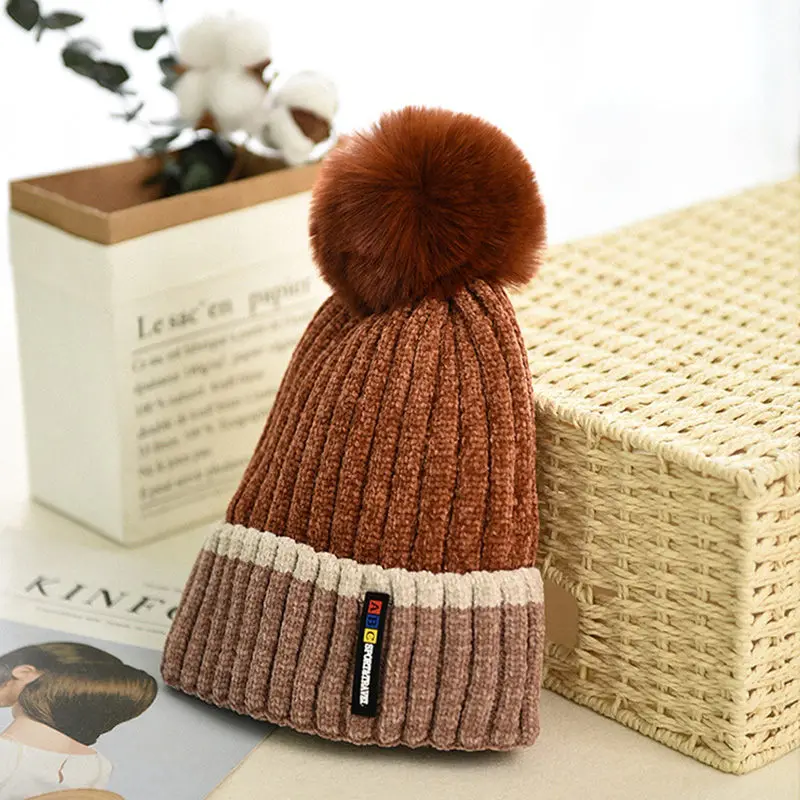 Stitching Baby Beanies Hat Toddler Boys Girls Winter Warm Cap with Big Pompom High Quality Cap Cotton Liner Comfort Thicken Hat (5)