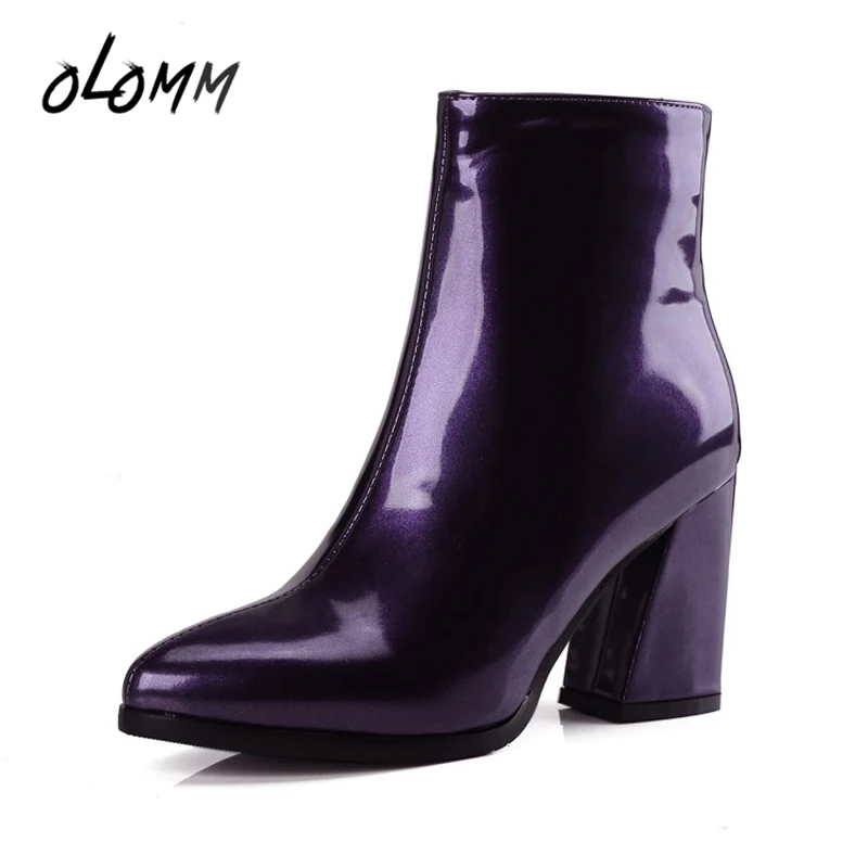 Spring Autumn Women Ankle Short Chelsea Boots Plus Size Shoes Patent Leather Solid High Heels Pointed Toe Fashion Casual Zipper | Обувь