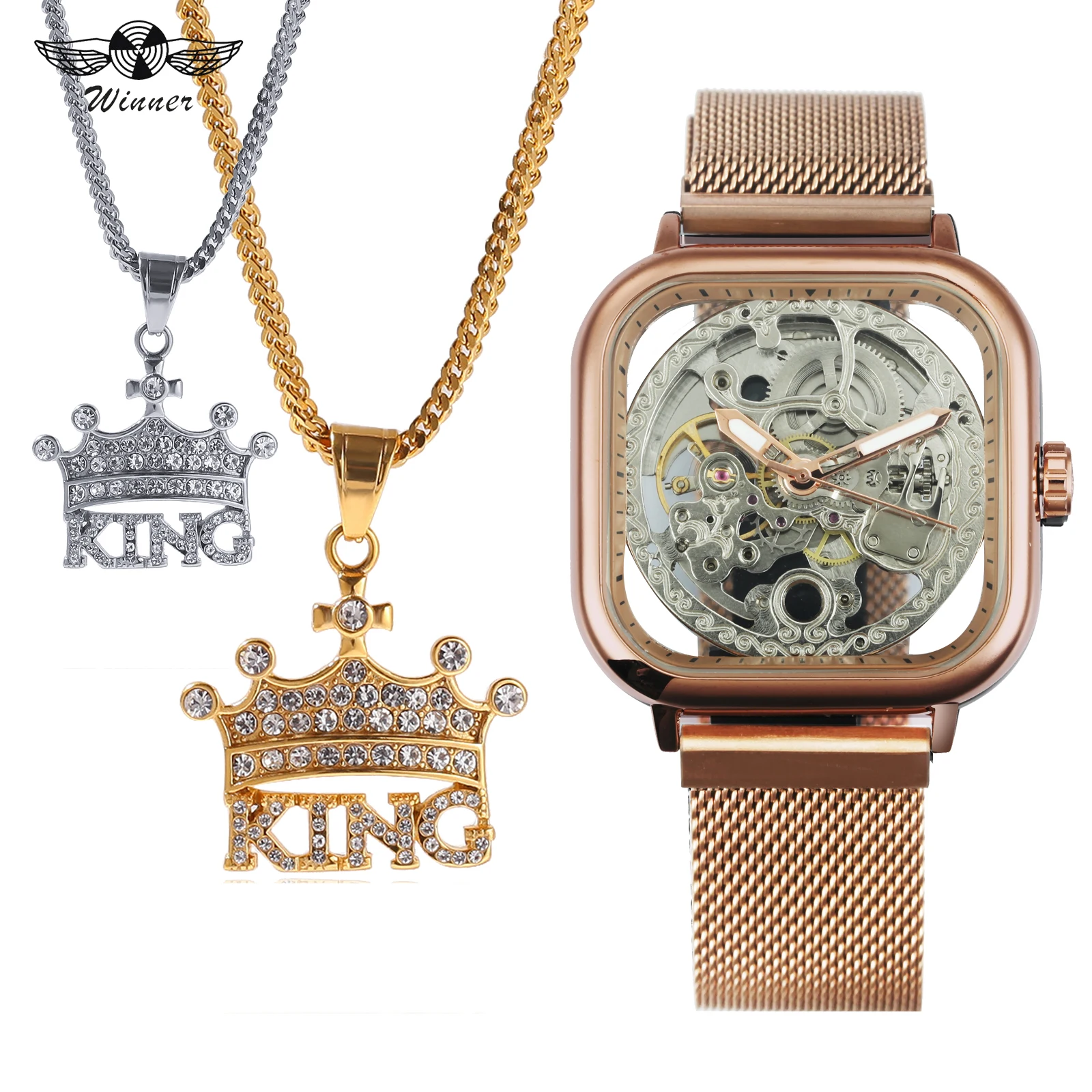 

WINNER Top Brand Luxury Punk Jewelry Set Hip Hop Auto Mechanical Mens Watches + Rhinestone Iced Out Crown Necklace