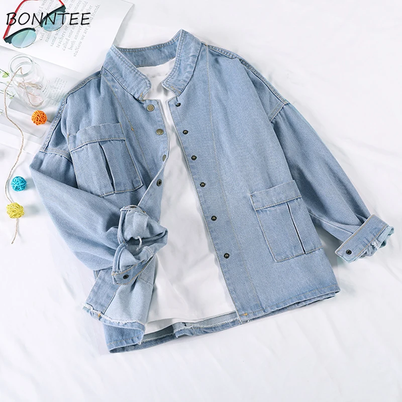 

Jackets Women Single Breasted Korean Style Solid All-match Students Denim Womens Loose Pockets Simple Elegant Female Streetwear