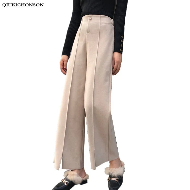 

Women Autumn Winter Pants Elegant High Waist Wool Wide Leg Pants Trousers Korean Fashion Legs Slit Ladies Pants pantalon palazzo