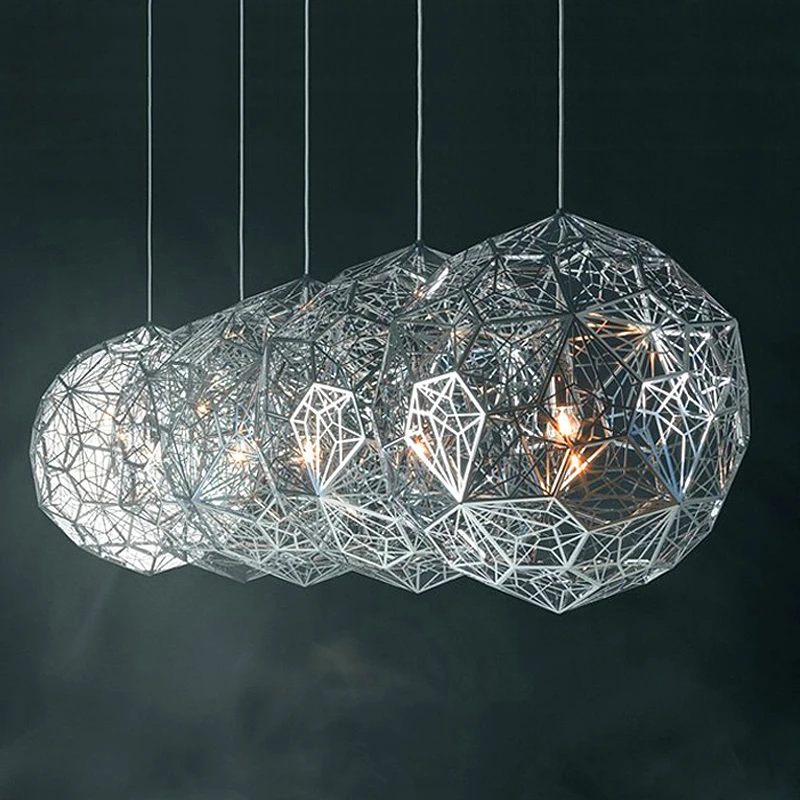 

Modern Gold Copper Silver Etch Web Nordic Pendant Lights Stainless Steel Diamond Polygon Pendant Lamp for Living Room Lighting
