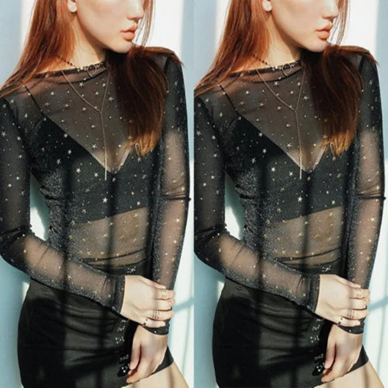 

2018 Sexy Women Blouses See Through Transparent Mesh Star Long Sleeve Hollow Out Sheer Blouse Shirt Ladies Tops Tee S-L