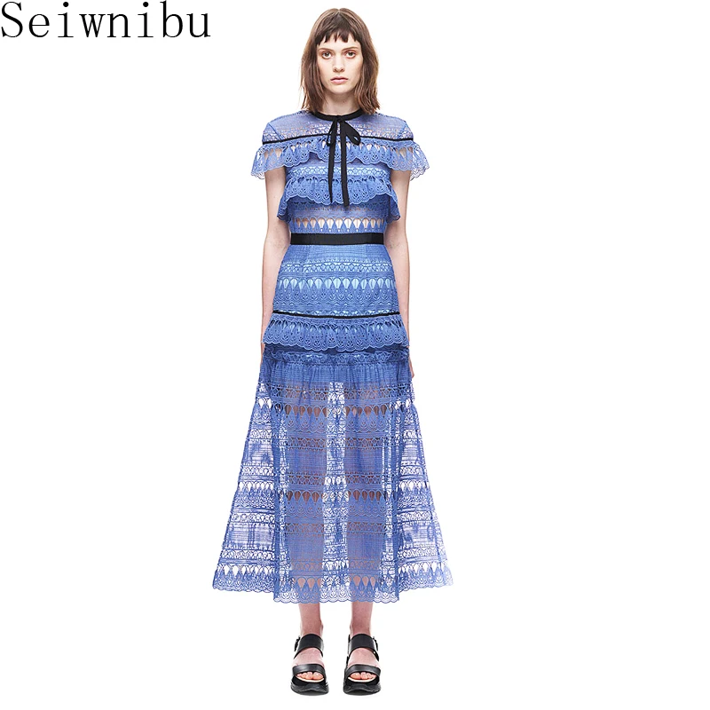 

Seiwnibu Summer Women Long Dress 2018 Self Portrait Runway Lace Hollow Out Ruffles Short Sleeve Female Bow Maxi Party Dress