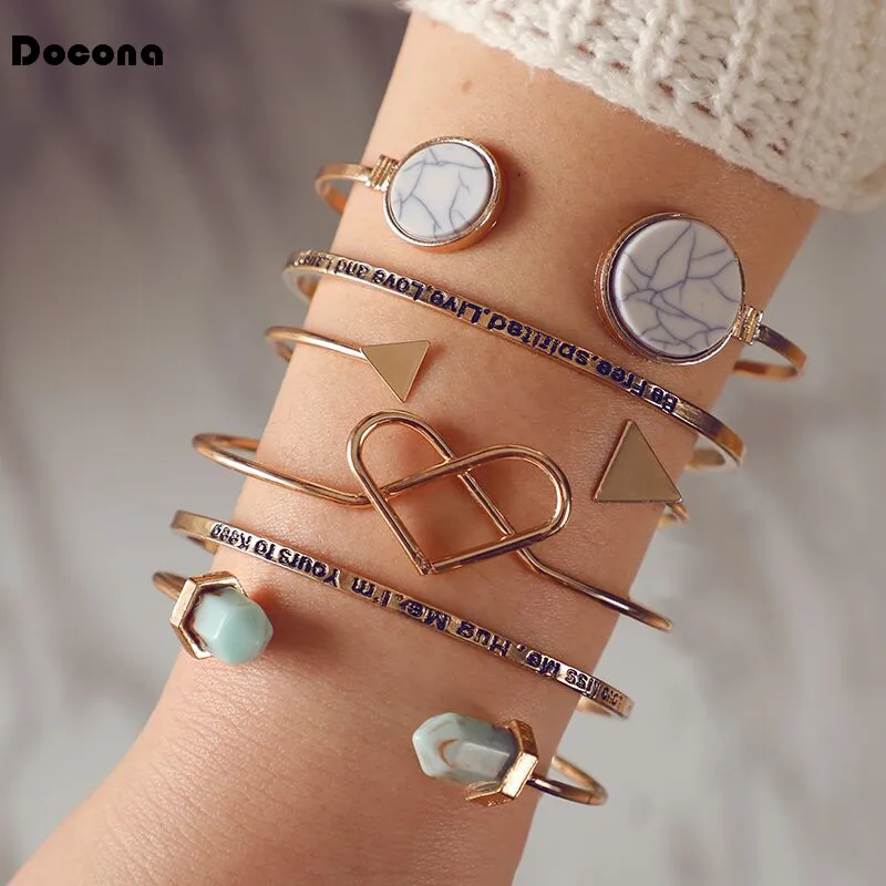 

Docona 6pcs/sets New Bohemia High Quality Bangles Hollow Heart Geometric Letter Colorful Opral Jewelry Women Jewelry B22404