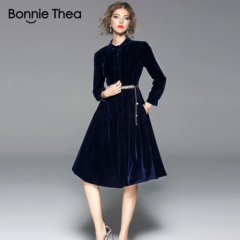 Bonnie Thea, осенне-зимнее женское синее бархатное платье, модное повседневное теплое элегантное платье, женское вечернее платье, vestidos