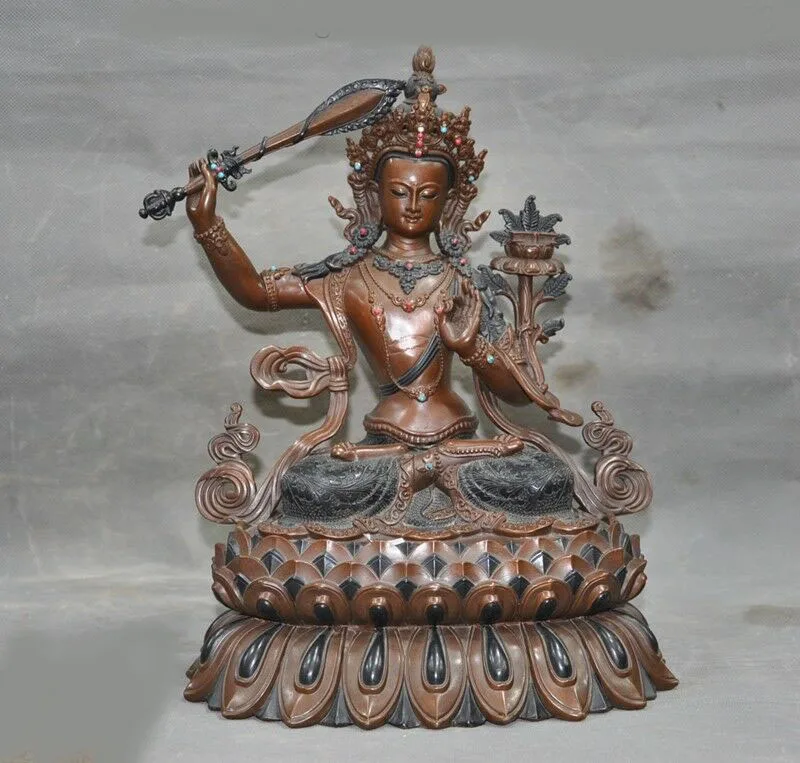 

wedding decoration Tibet temple purple Bronze Inlay gem Hold sword Manjushri Kwan-yin Buddha statue