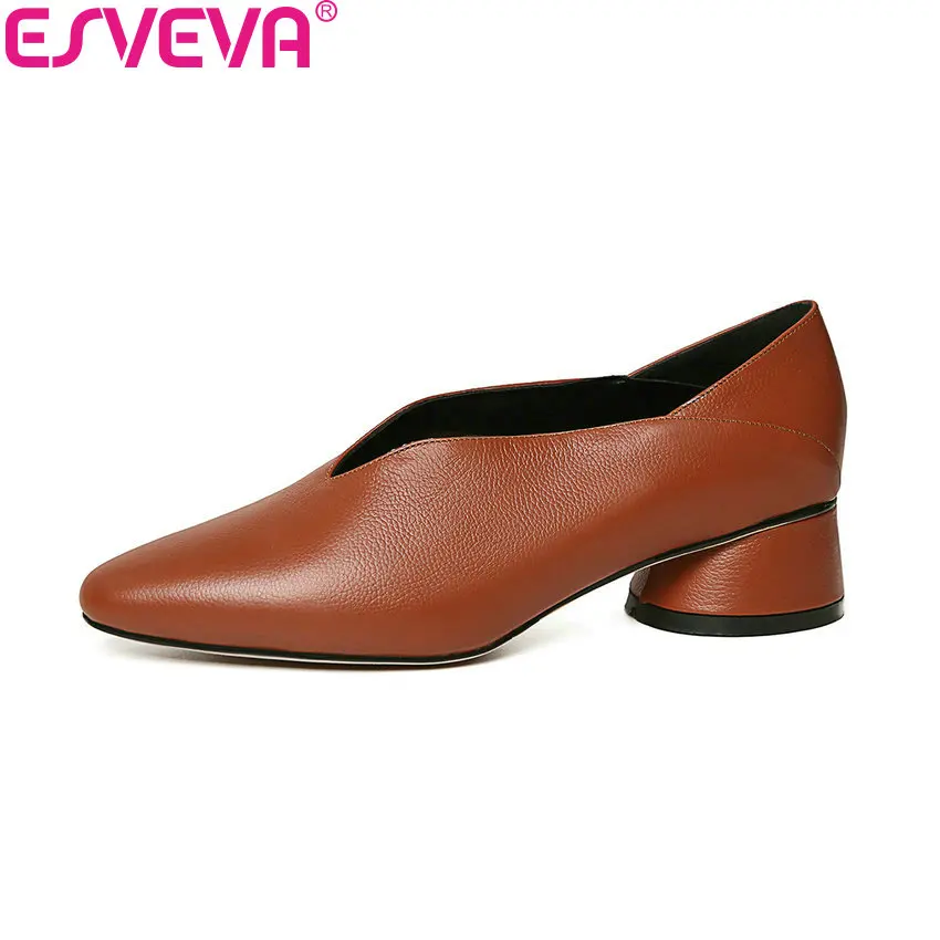 

ESVEVA 2018 Women Pumps Spring and Autumn Western Style Square Med Heels Pointed Toe Cow Leather PU Ladies Shoes Size 34-39