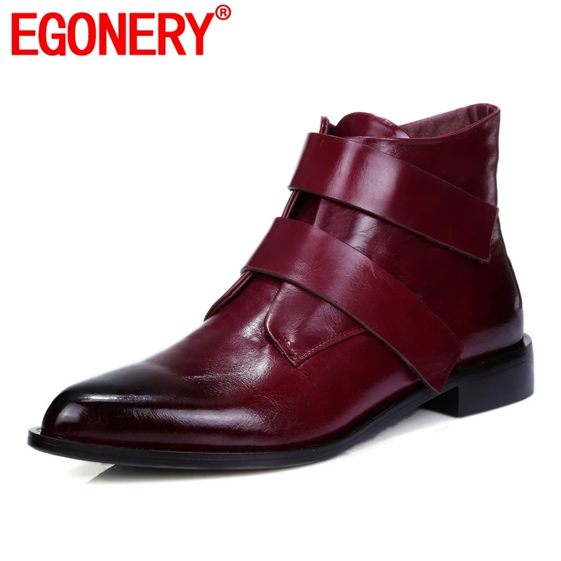 

EGONERY women shoes newest hot sale mixed colors genuine leather high quality pointed toe low square heel four color ankle boots