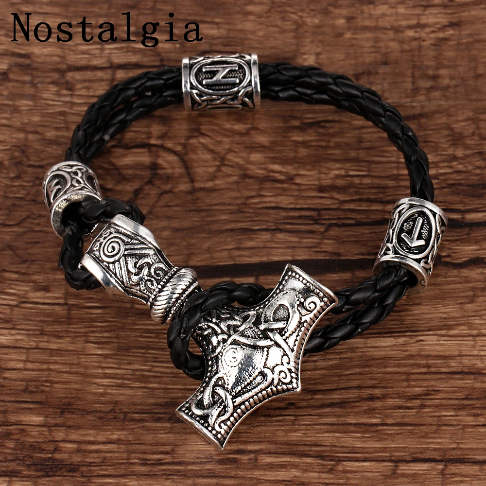 Men-s-Black-Leather-Bracelet-Antique-Silver-Viking-Runes-Beads-Bracelet-Thor-Hammer-Bracelets-Jewelry-Gifts