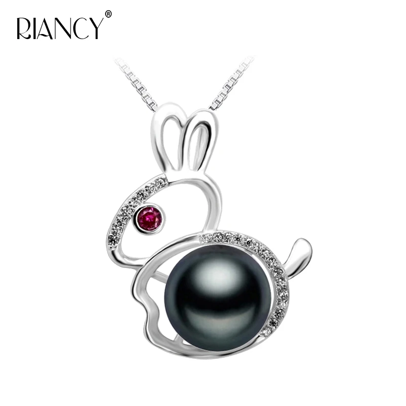 Natural big black pearl pendant necklace women 925 sterling silver lovely rabbit wedding jewelry