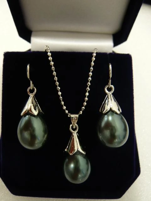 

free shipping>>> wholesale 12*16mm water drop black shell pearl beautiful design earrings & pendant necklace jewelry set