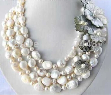 

Wholesale 4Strands 18'' 11mm White Round Baroque Freshwater Pearl Shell Flower Necklace