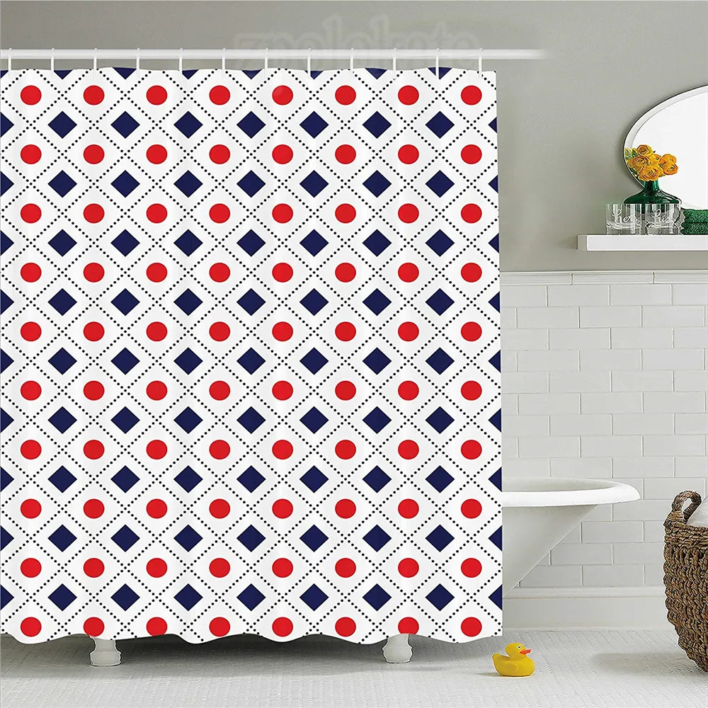 Americana Decor Shower Curtain Big Red Dots Squares And Dashed