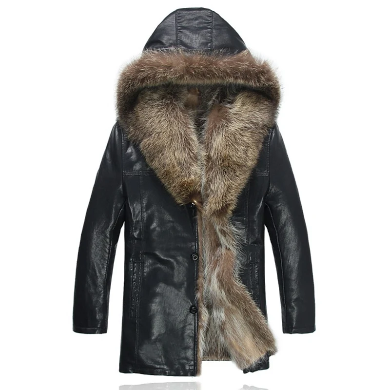 Freeshipping Winter Fashion Men's Coats Raccoon Fur PU Leather Jacket Hat Keep Warm Leather Jackets Man High Quality Hot Sale VS