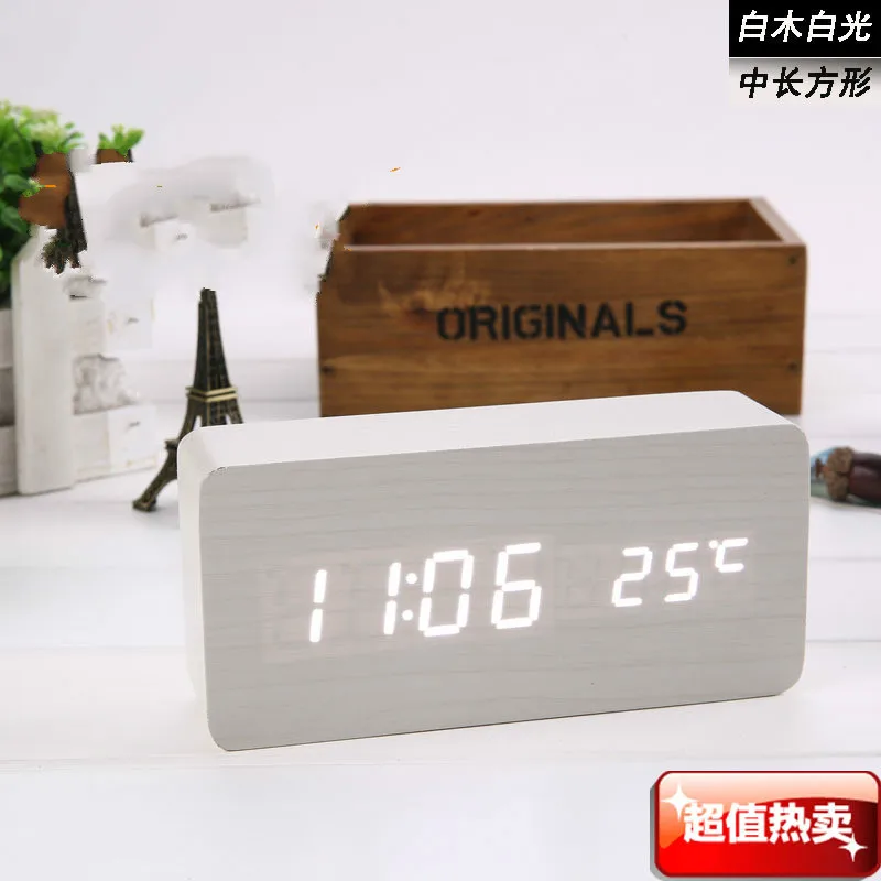 Светодиод дерево Часы и Часы, Звук-активированный дважды древесины часы электронные подарки usb - Цвет: White White