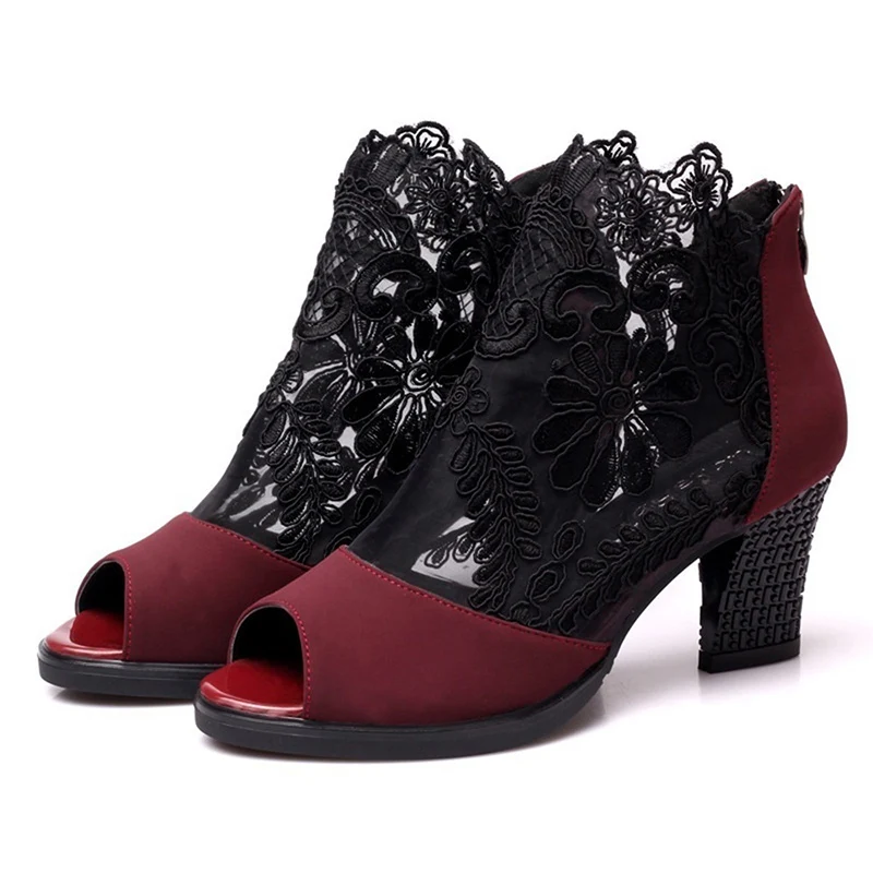 

women sandals 2019 Mesh High Heel Fish Mouth Thick With Women Shoes Large Size Sandals Women Retro Style Flats Heels Sandals 300
