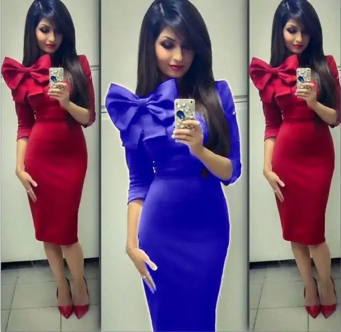 

Womens Pencil Dresses Women Elegant Vintage Slim Sexy Long Sleeve Bow Party Work Sheath Bodycon Dress