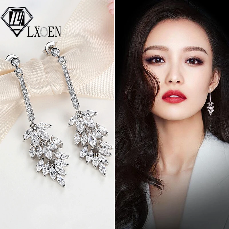 

2019 New Fashion Leaf Zircon Wedding Drop Earrings for Women with Silver Color CZ Crystal Long Party Earings Gift Jewelry