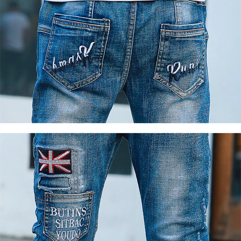 6 Baby Boys Jeans Denim Pants Kids Trousers Teens Applique Letters Embroidered Solid Spring Casual Elastic Waist Children Clothing