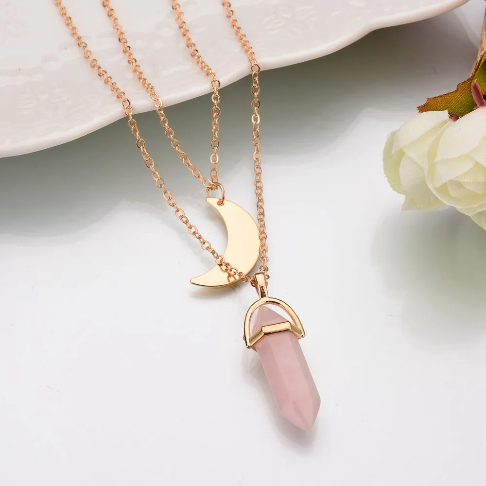 

G.YCX Fashion Moon Hexagonal Column Quartz Necklaces for Men Women Crystal Bullet Shape Necklace Pillar Pendants Gifts for Her