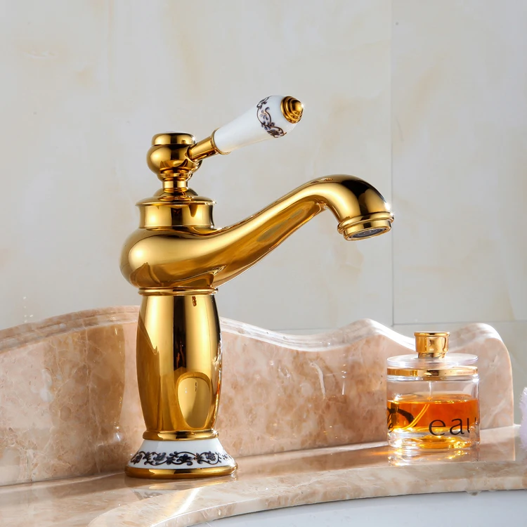 

Antique Basin Gold Plated Gold Faucet Fashion Copper Hot And Cold Bathroom Beightening Blue And White Porcelain Countertop