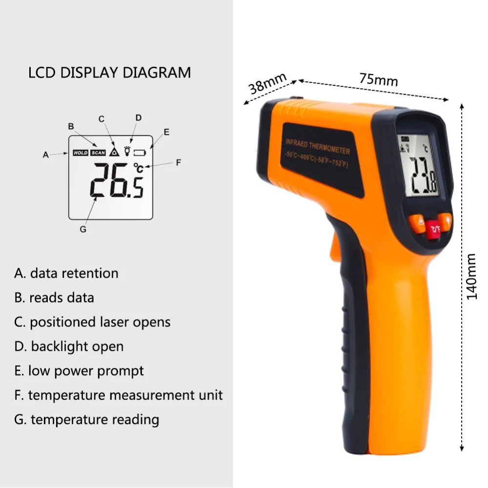 Портативный-50-400 градусов термометр цифровой ИК-Ластер инфракрасный измеритель температуры Бесконтактный пистолет с ЖК-дисплеем стиль