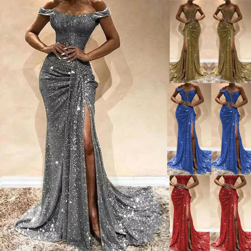 Women Formal Off Shoulder Paillette Wedding Evening Party Ball Prom Gown Shiny Long Maxi Dress