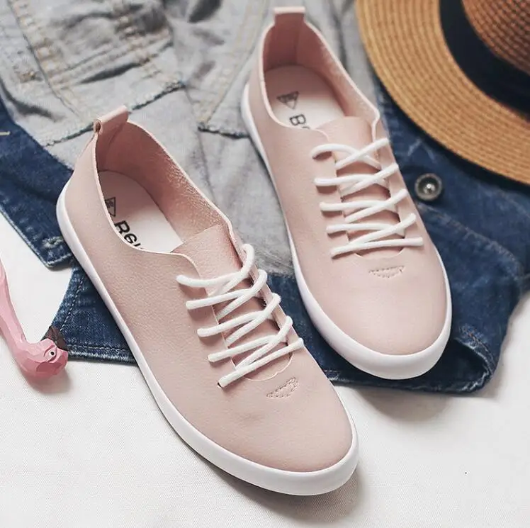 

2018 New Women Pink Sneakers Female White Shoes Lace Up Flat Heel All Match Must Have Lady Flats Spring Leather Shoes Beige