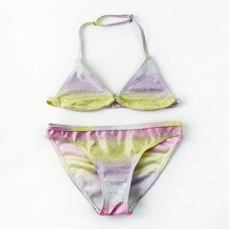 New Girl Silver Pressed Bikini Children Swimsuit Teenage Girl Two Pieces Swimwear Bling Bling Patchwork Bathing Suit Kids Bikini