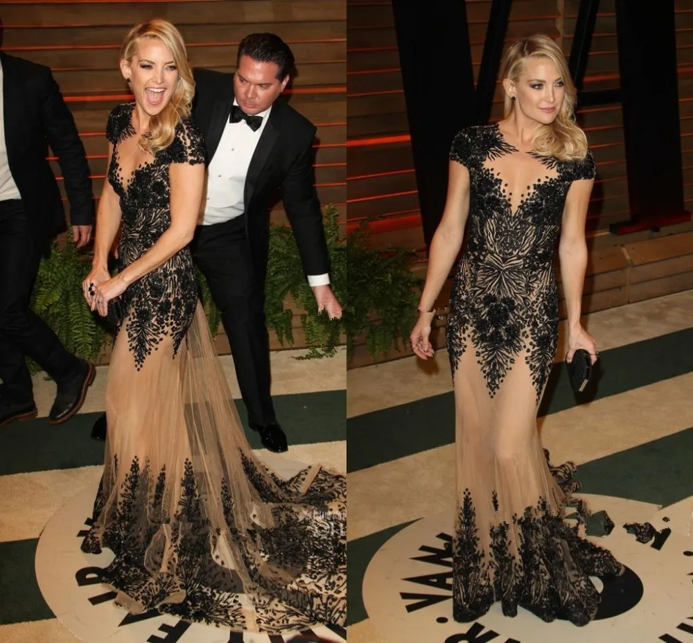 

2017 New Sexy Tulle Beading Celebrity Dresses Scalloped Short Sleeve Court train Charming Evening Dresses Party Gowns Vestidos