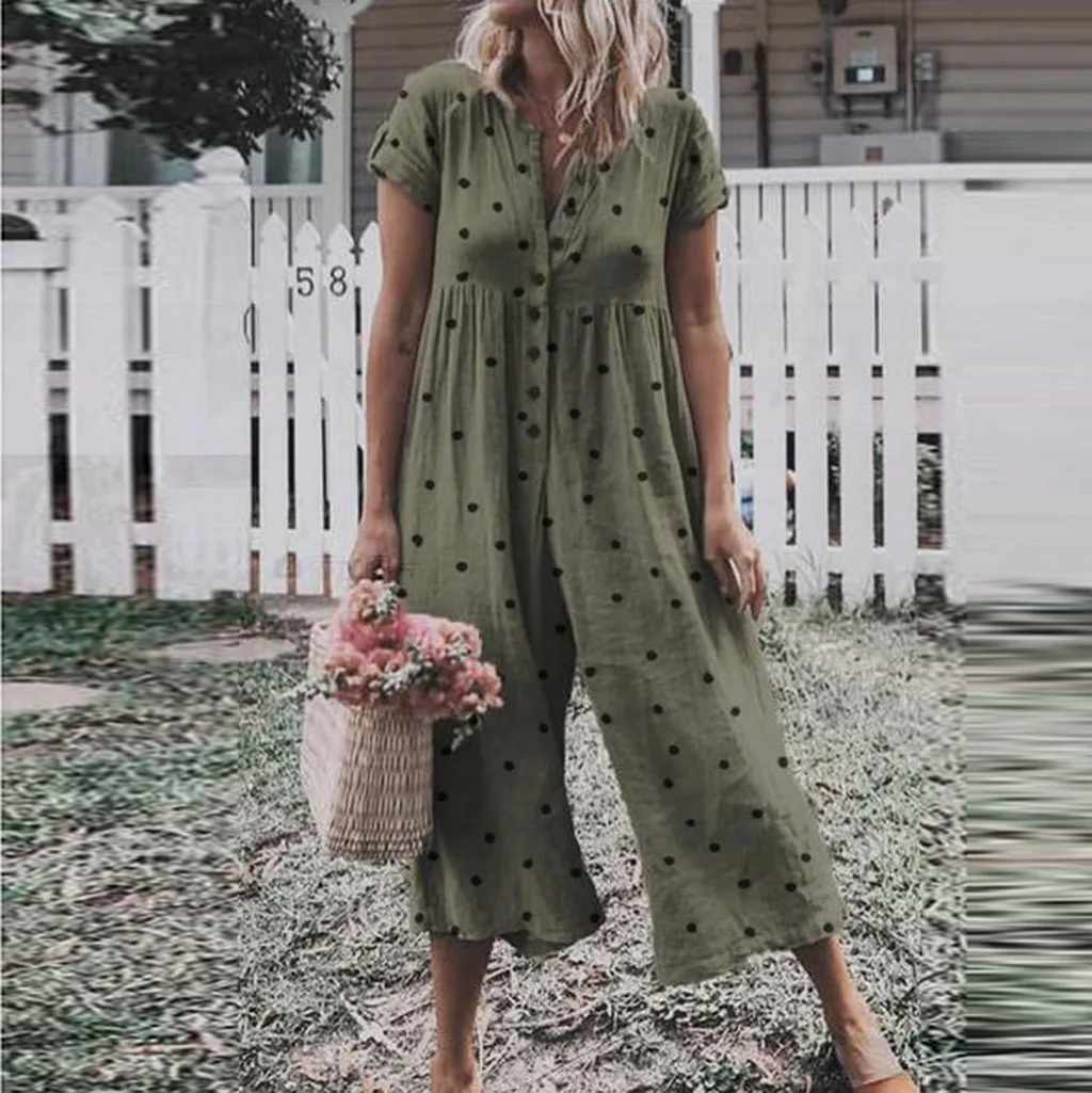 Для женщин Повседневное комбинезон лето в стиле Boho с принтом в горошек; короткий рукав кнопка открывания пляжные свободные длинные джампсьюты, комбинезоны-мини плюс Размеры
