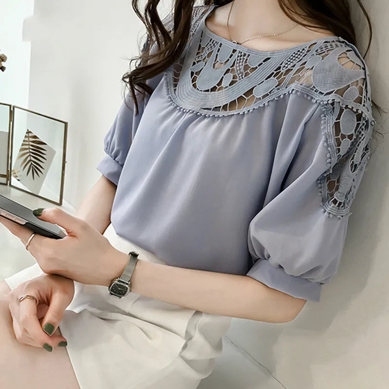 2018 الأزياء قصيرة الأكمام المرأة بلوزة قمصان الشيفون الصيف مثير الجوف خارج المرأة الملابس زائد حجم النساء قمم 0621 40