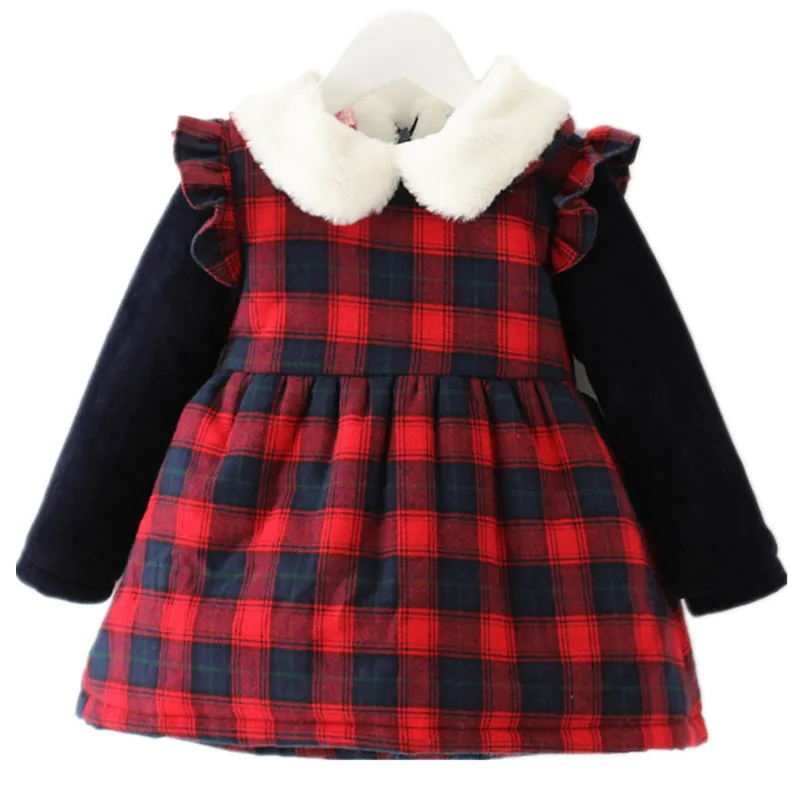 

Winter girls cotton long sleeve thick dress fashion children's casual clothes princess red and plaid dress kids clothes 17A907