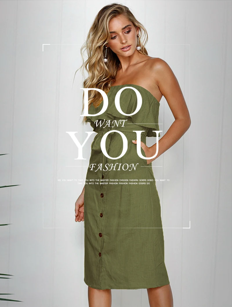 Women Sexy Strapless Backless Summer Dress Pockets Ruffles Sleeveless Vestidos Bow Sashe Button Split Straight Dresses Knee 2018