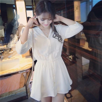

Summer Casual Shirt Woman Dress Long Clothes V Sleeve Mini Solid Neck Dresses