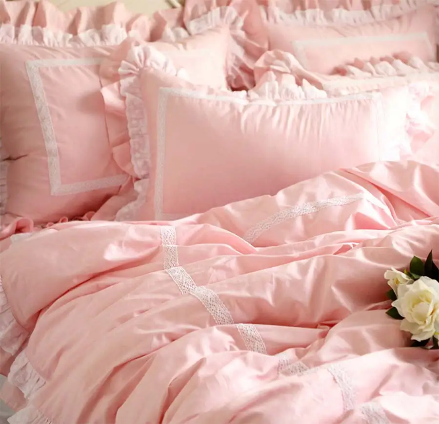 

Pink princess ruffle lace cotton single double cotton bed set,twin full queen king bedclothes bedspread pillow case duvet cover