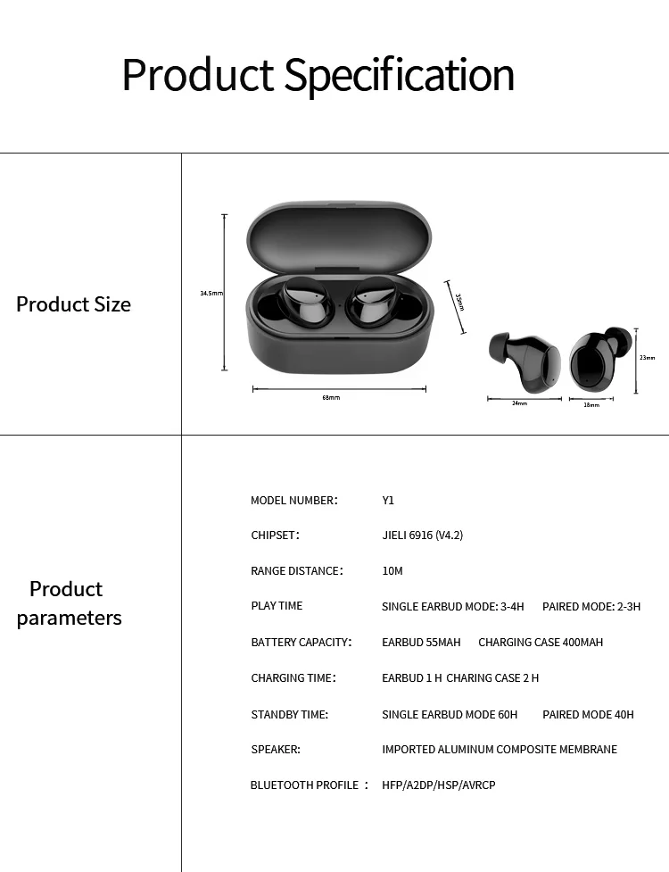 ABDO беспроводные наушники Беспроводной гарнитура Bluetooth Y1 наушники-вкладыши Tws с Близнецов с зарядным устройством