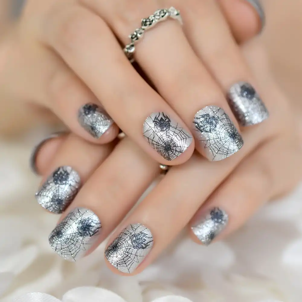 24 Pack Halloween Style Artificial Nails With Adhesive Black Spider Cobweb Silver Fake Nails Short Manicure Party Nail Tips Aliexpress