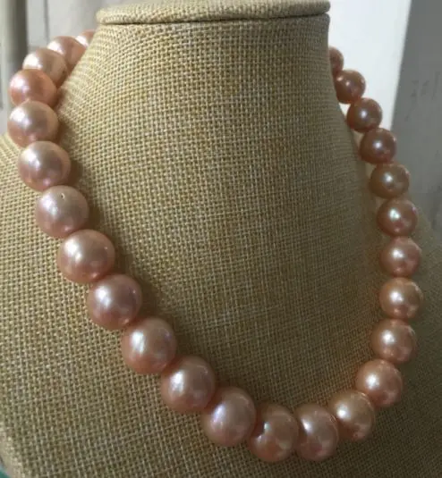 

12-14mm ROUND freshwater GOLD PINK PEARL NECKLACE 18INCH 925silver