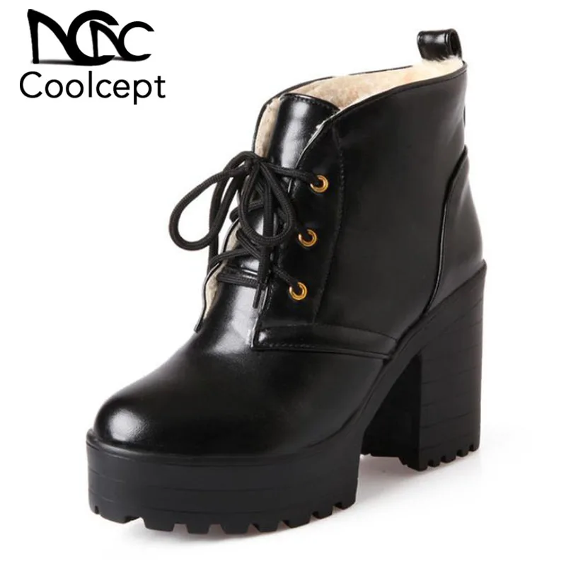 

Coolcept Women High Heel Boots Lace Up Warm Fur Shoes Women Thick Heel Ankle Boots Office Lady Warm Winter Shoes Size 35-40