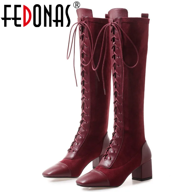 FEDONAS New Quality Women Knee High Boots High Heels Autumn Winter Corss-tied Knight Boots Female High Motorcycle Boots