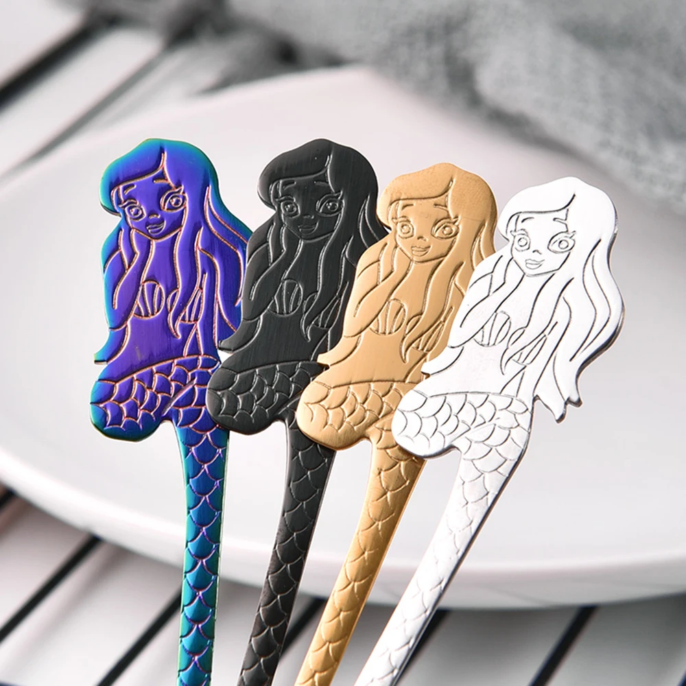 Tea Spoon 304 Stainless Steel TeaSpoon Cute Mermaid Pattern Dessert Snack Coffee Spoon Party Kitchen Wedding Gift Tableware