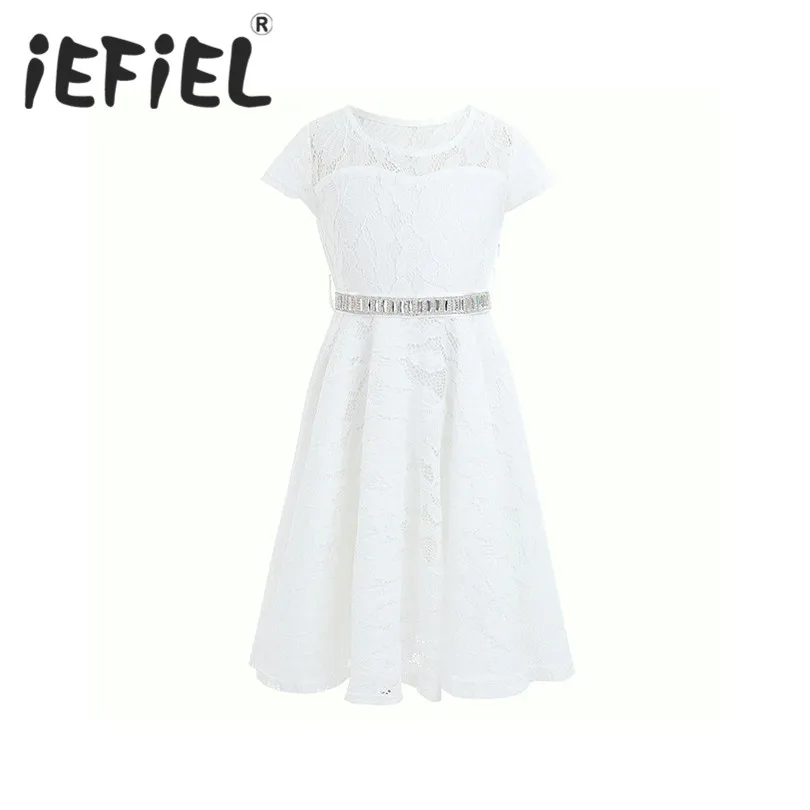 

4-14Y Girl Lace Flowers Ivory Kids Girls Cap Sleeve Princess Dress 2017 Summer Girls Party Tutu Dress Children Infant Clothing