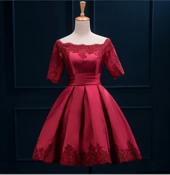 

2018 Dresses Short Sleeve Burgundy Prom Above Knee Length Satin Lace Appliqued Boat Neckline Women Party Dresses