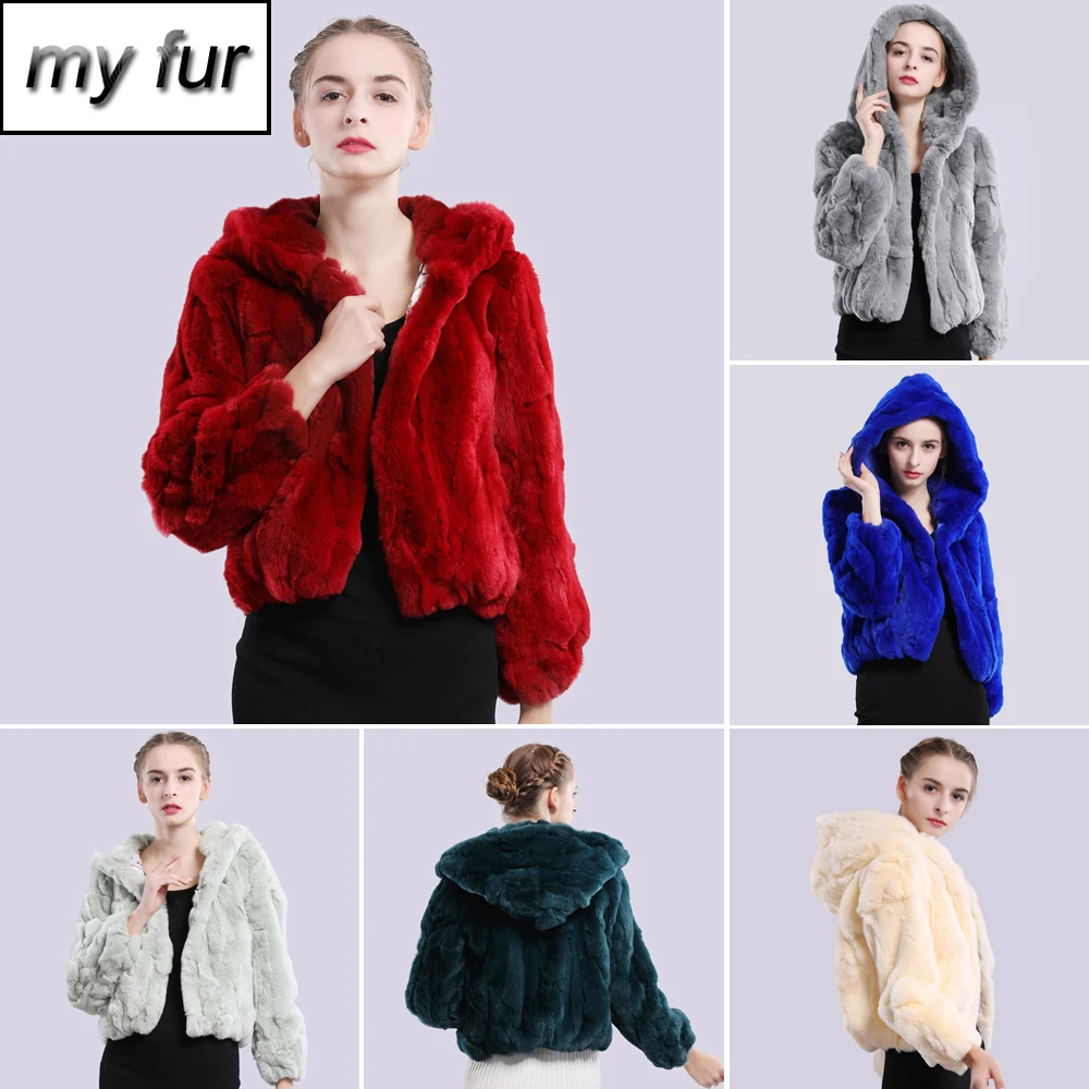 

Luxury Hot Sale Winter Genuine Real Rex Fur Jacket Fur Women Lovely Rex Rabbit Fur Coat Natural Rex Rabbit Fur Hooded Overcoat