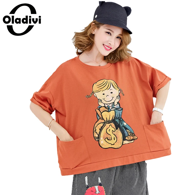 

Oladivi Plus Size Women Clothing Summer Casual T-Shirt Cartoon Print Cotton Tops Tees Female Fashion Short Design Shirts Tunics